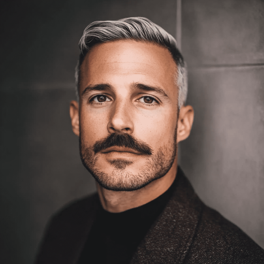 A distinguished man with silver-gray hair and a well-groomed Chevron mustache gazes confidently into the camera. His hair is neatly styled with a subtle wave, contrasting sharply with his dark eyebrows and the full, thick mustache that perfectly frames his upper lip in the classic Chevron style. His beard is trimmed short, maintaining a clean and polished look that complements the mustache. He wears a dark, textured blazer over a black turtleneck, giving him a sophisticated, modern appearance. The background is a simple, muted gray, ensuring that the focus remains on his striking features and stylish mustache. The overall image exudes confidence, maturity, and timeless elegance.