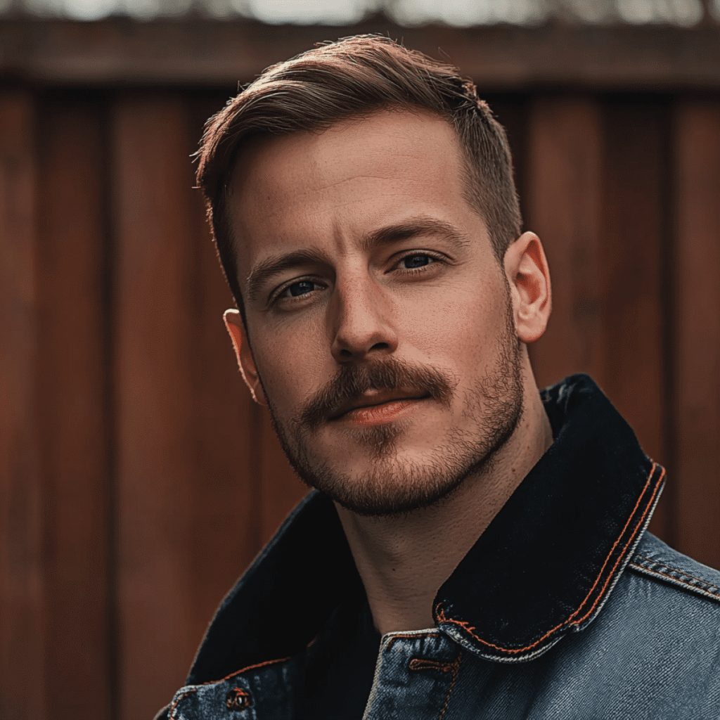 A young man with a neatly styled beard stands confidently against a warm, wooden background. His short, light brown hair is carefully combed to the side, complementing his clean-cut appearance.