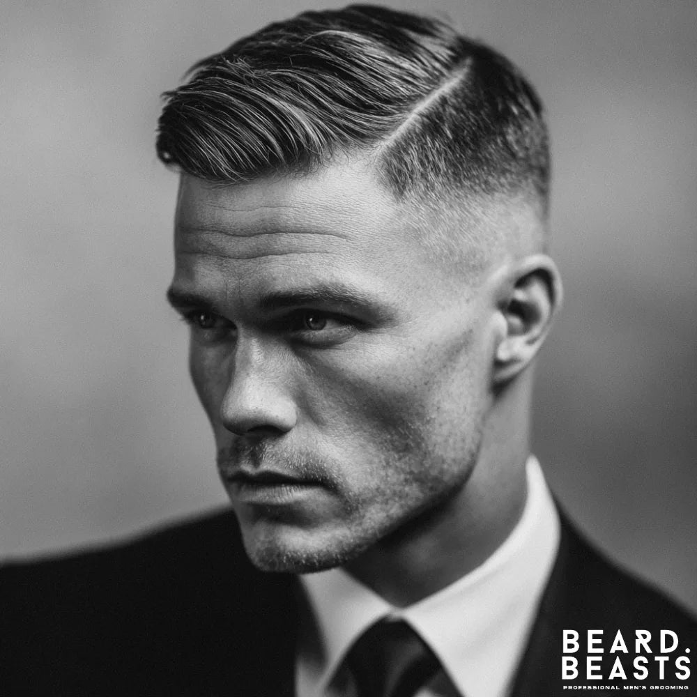 A black and white close-up of a man modeling a classic comb over with a skin fade. The hairstyle features a clean hard part and a high skin fade on the sides, creating a sharp, polished, and professional look.