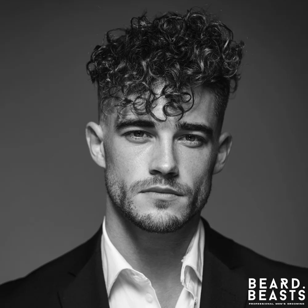 A man in a suit models a sharp curly undercut hairstyle. The look features voluminous, defined curls on top, creating a strong contrast with the tightly faded sides for a modern professional look.
