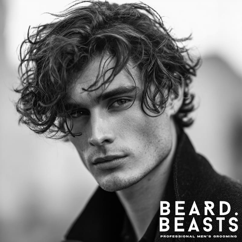 Black and white portrait of a man showcasing longer, wavy hair in a natural flow style, ideal for softening the angles of a square face.