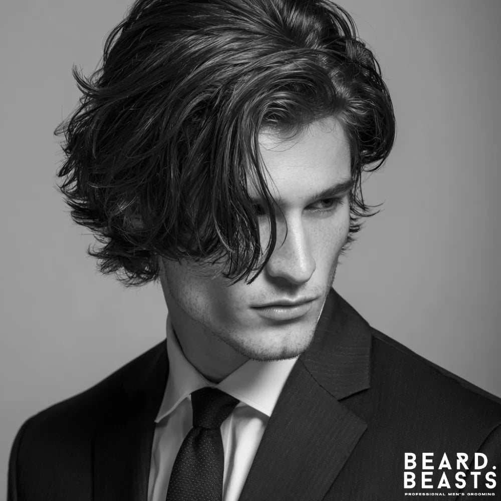 A black and white photo of a man in a suit, featuring a layered flow hairstyle. His medium-length hair is expertly layered to create significant texture and volume, styled back to create a sense of movement for a polished yet modern professional look.