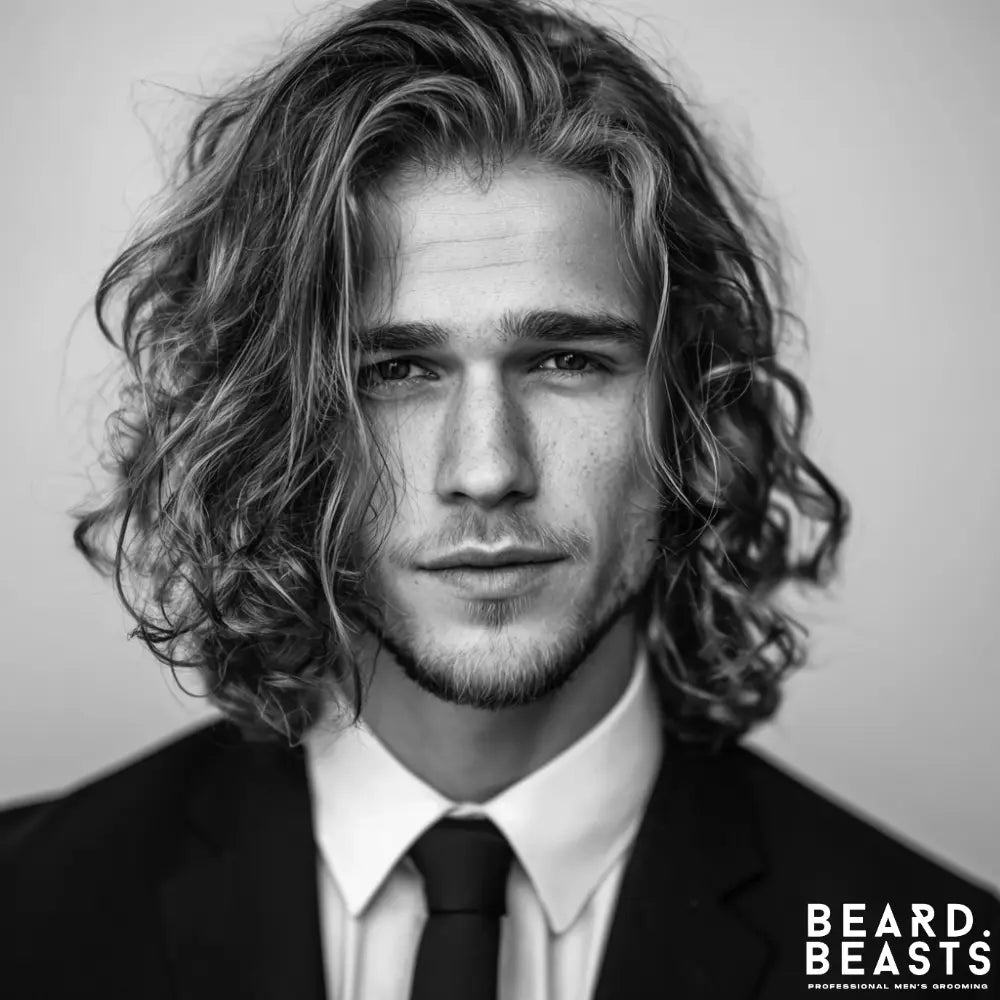 A black and white close-up of a man in a suit, showcasing a professional look with long wavy hair. His shoulder-length hair has natural texture and volume, parted to the side to frame the face elegantly.