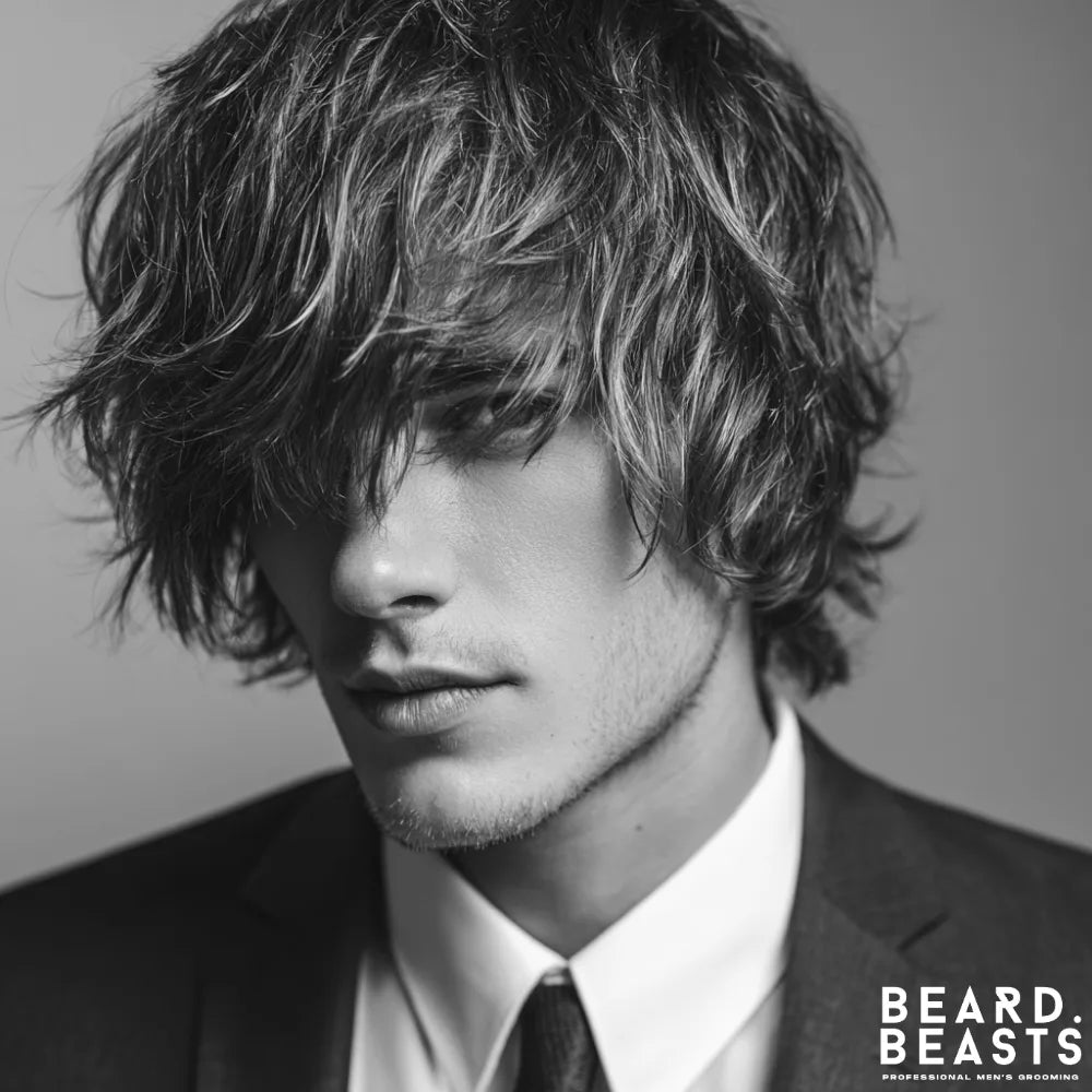 A man in a professional suit and tie with a stylish, medium-length shaggy haircut. The hair is heavily layered and textured, with highlights enhancing its dimension, demonstrating a modern and confident professional men's hairstyle.