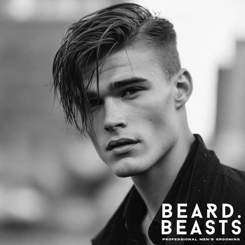 Man with a side-swept fringe and short faded sides, showcasing a modern short on sides, long on top haircut that combines structure with a stylish, defined finish.