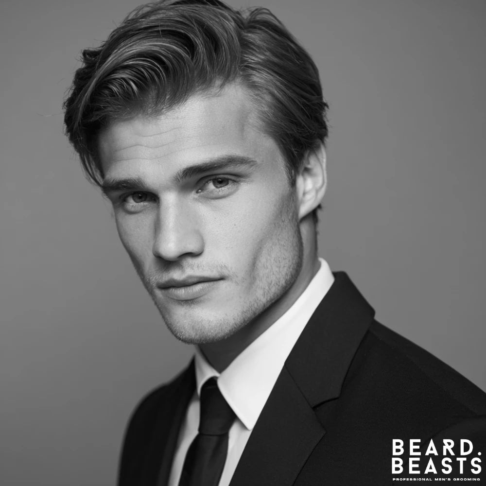 A close-up of a man wearing a suit, showcasing a classic side-swept hairstyle. The hair is parted and swept back to create a clean, professional look with natural volume, complemented by neatly tapered sides.