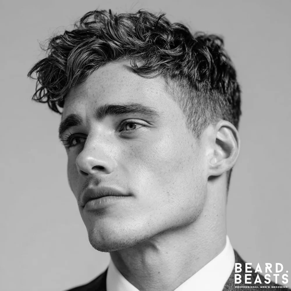 A close-up shot of a man showcasing a stylish wavy textured crop. His naturally wavy hair on top is cut into a short, forward-styled fringe, while the sides are neatly faded, creating a popular and professional men's hairstyle.