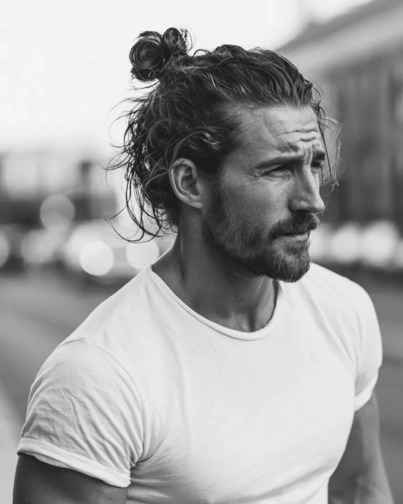 messy man bun hairstyle with loose wavy strands, front and side view