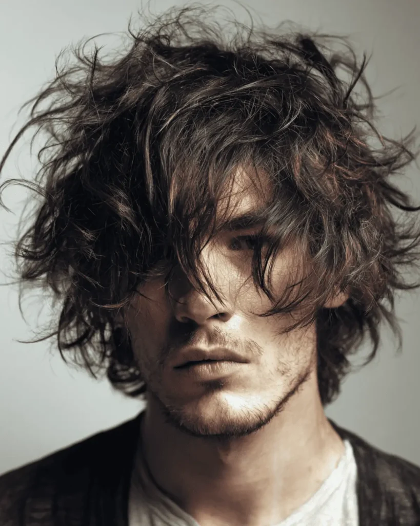 Portrait of a man with a messy shaggy hairstyle featuring wild, matte texture and a bedhead look