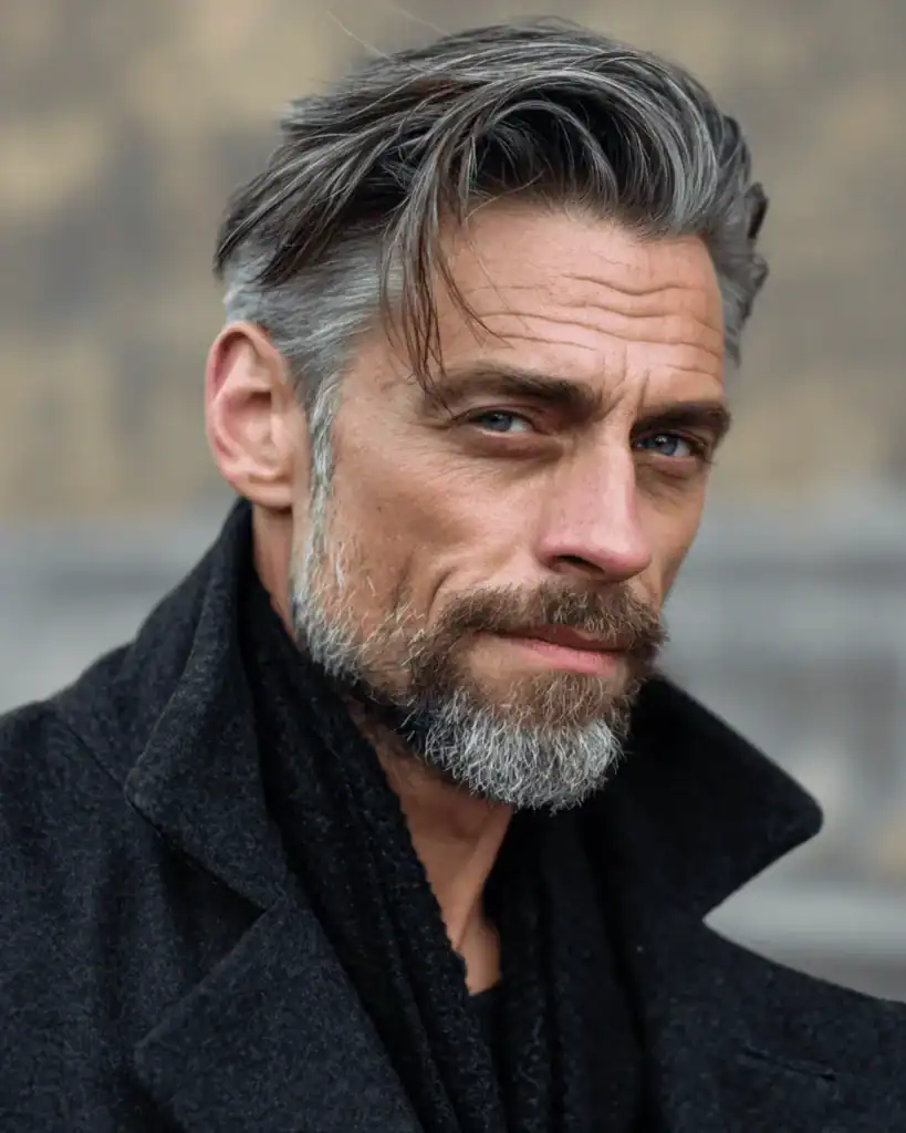 A portrait of a stylish older man with a modern comb over hairstyle, featuring voluminous silver hair swept to one side with a natural, textured finish.