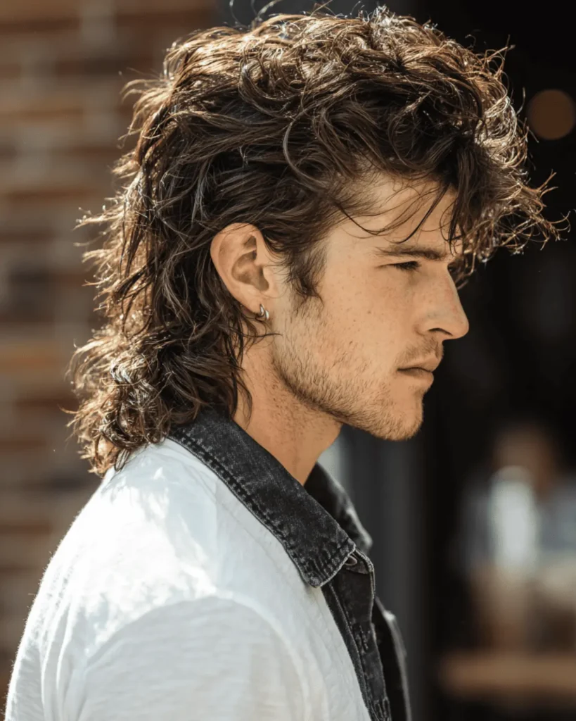 Side profile of a men's modern shaggy mullet with soft layers and textured length at the back