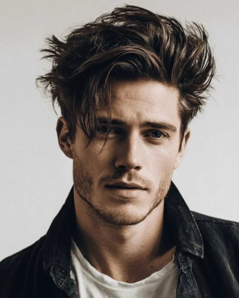 Portrait of a man with a shaggy pompadour hairstyle featuring soft volume at the front and loose textured layers