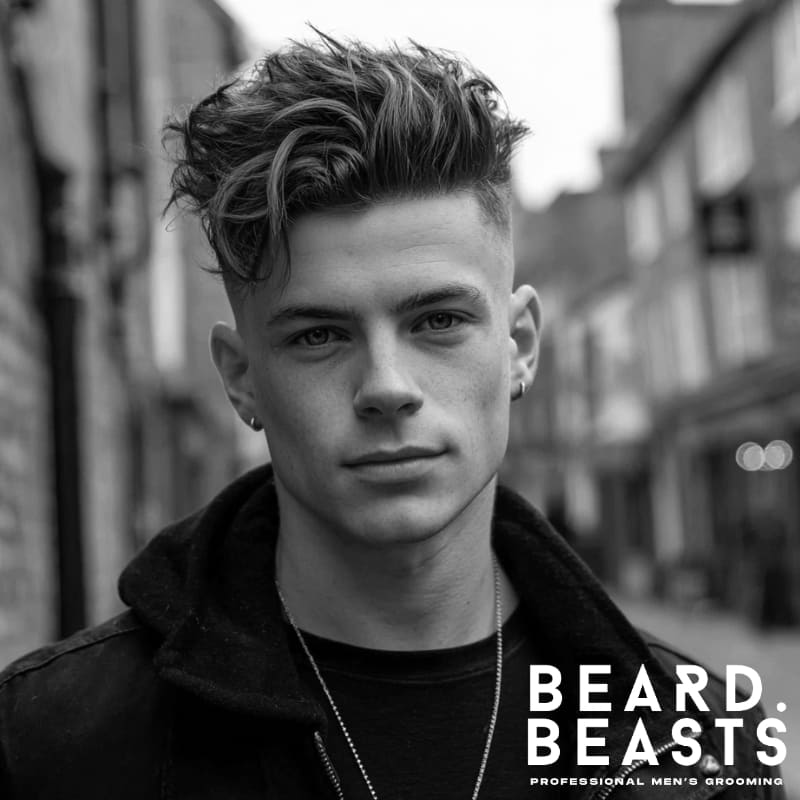 Portrait of a man showcasing a high-contrast modern undercut with bold volume on top, an edgy men's haircut that flatters a square face.