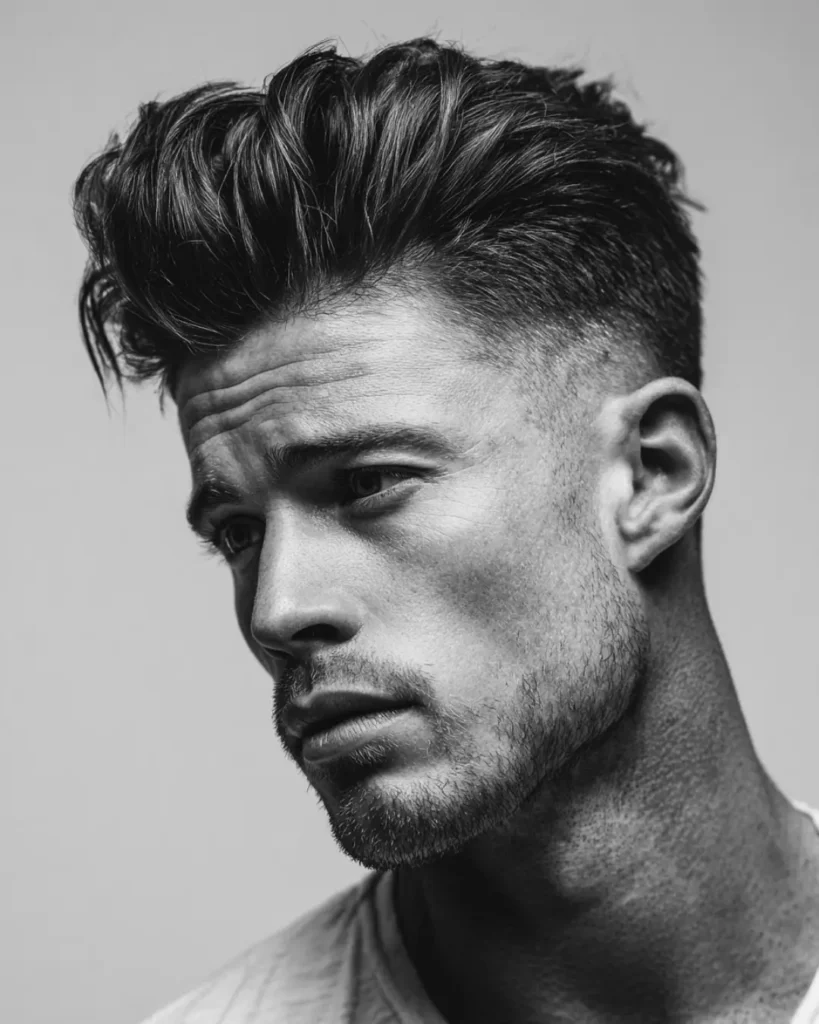 Pompadour haircut with lifted volume on top and faded sides, showing a medium hairstyle option for men with round faces.