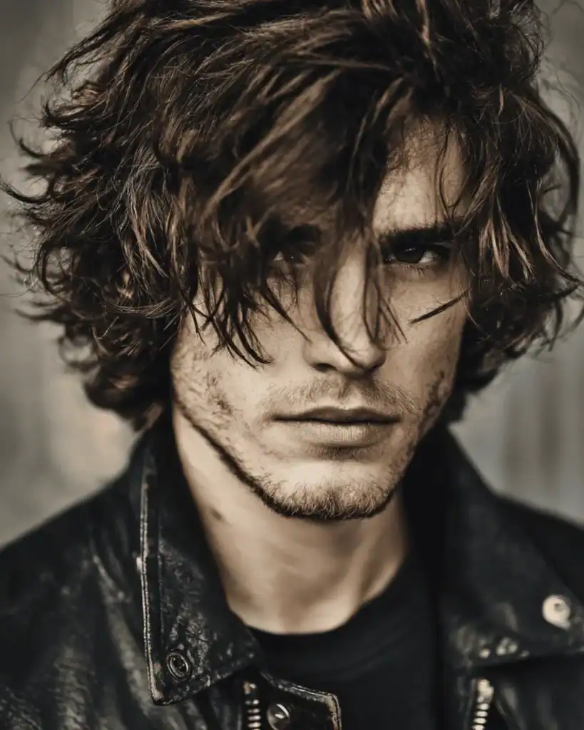 Close-up portrait of a man with a rocker shaggy hairstyle featuring jagged layers and a messy, worn-in texture