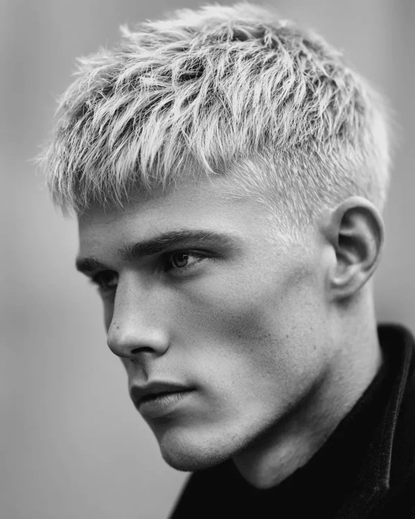 Black and white portrait of a man with a shaggy Caesar cut featuring uneven layers and a textured forward-facing fringe