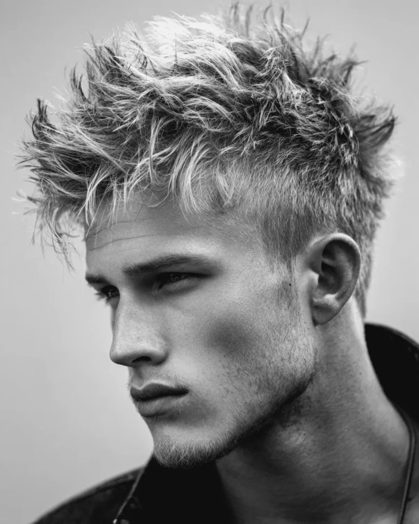 Side profile of a man with a shaggy faux hawk hairstyle featuring a textured central peak and layered sides
