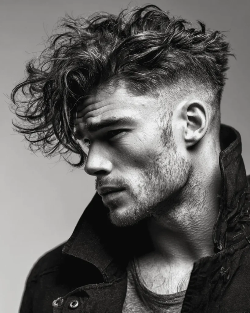 Side profile of a men's shaggy hairstyle with a sharp undercut fade and textured layers on top