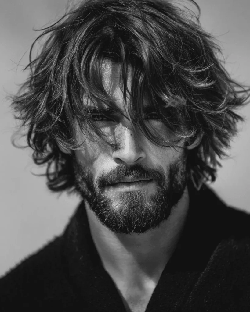 Black and white portrait of a man with a medium-length shaggy hairstyle and a full rugged beard