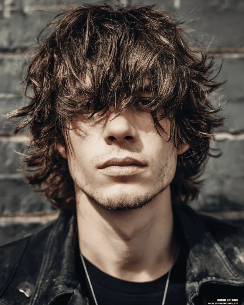Close-up of a men's shaggy hairstyle with a uneven, textured fringe covering the eyebrows