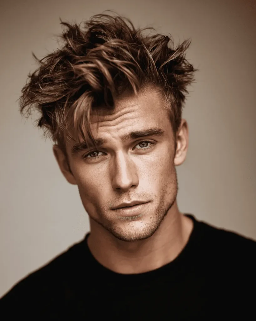 Portrait of a man with a shaggy quiff hairstyle showing textured height at the front and loose layers throughout