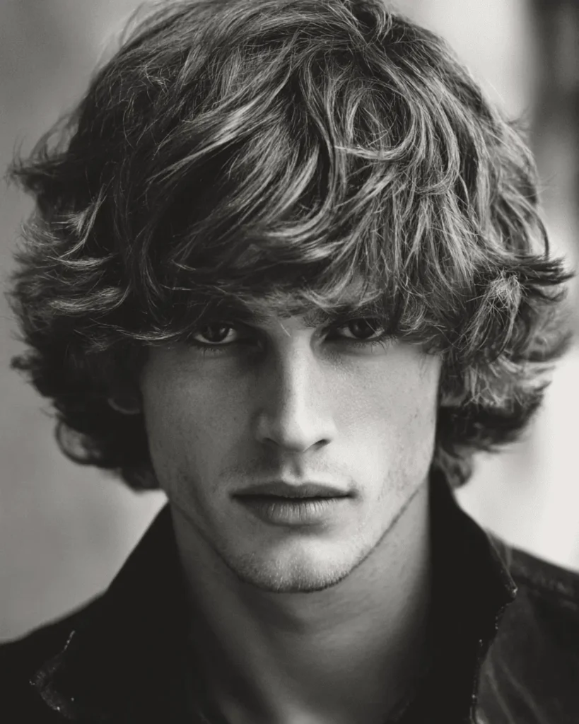 Portrait of a man with a short 70s shaggy hairstyle featuring heavy choppy layers and a retro textured finish