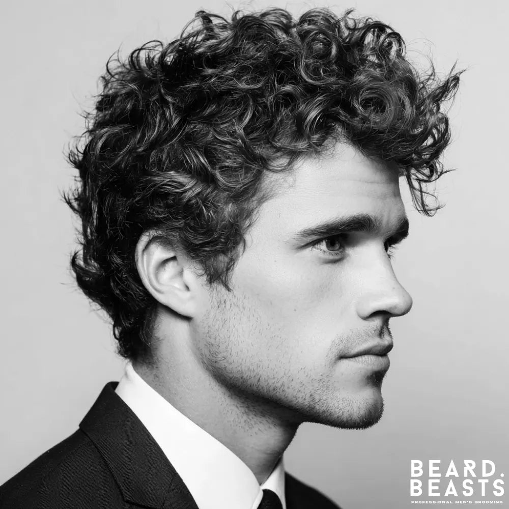 A professional man with short curly hair, styled in a tousled way to showcase natural texture for a modern business look.