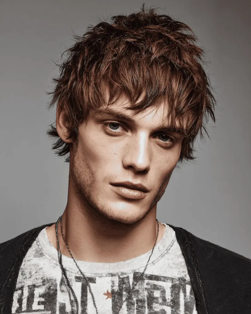 Portrait of a man with a short shaggy haircut featuring tight, choppy layers and a rugged, matte finish