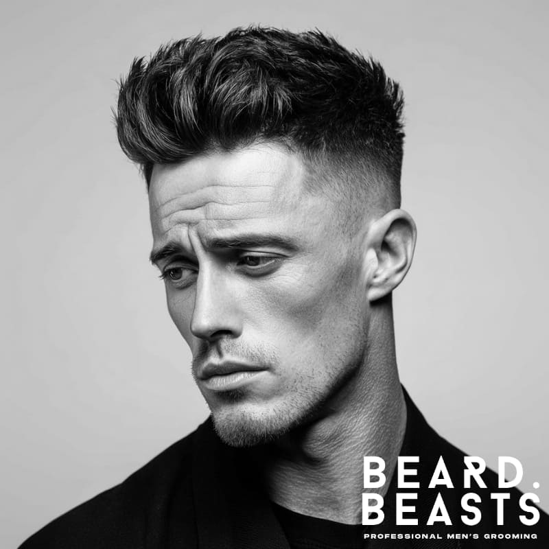 A stylish example of a men’s short sides, long top haircut featuring a textured quiff. The short sides contrast with the voluminous, textured top that is styled upwards and back, showcasing a modern, edgy look with clean lines and a well-defined silhouette. This haircut is perfect for those seeking a bold yet refined appearance