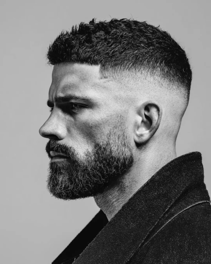 Short textured fade haircut with faded sides, cropped textured hair on top and a full beard, showing a short hairstyle option for men with round faces.