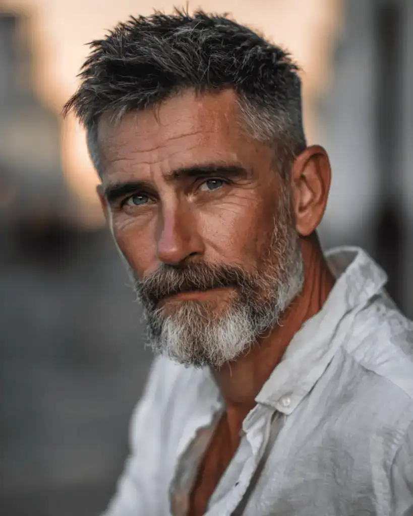 A portrait of a rugged older man with a short and textured hairstyle, featuring choppy layers and a matte finish to add volume and movement to thinning hair.