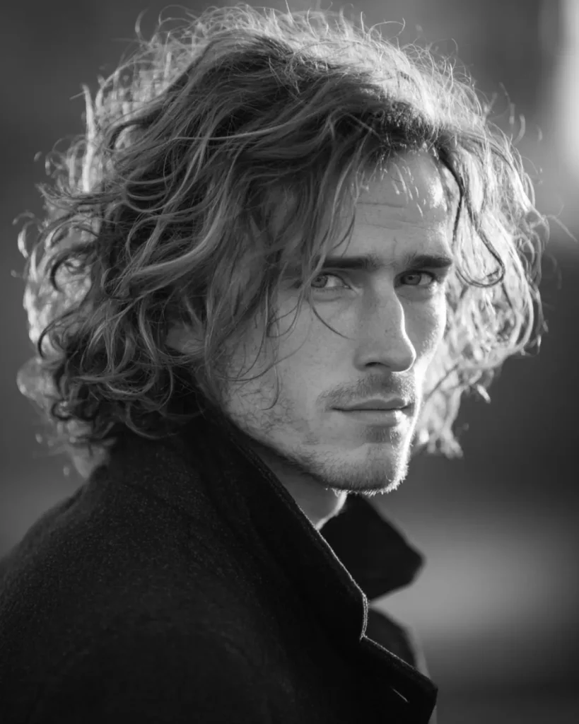 Shoulder-length wavy hair with natural volume and longer layers, showing a long hairstyle option for men with round faces.
