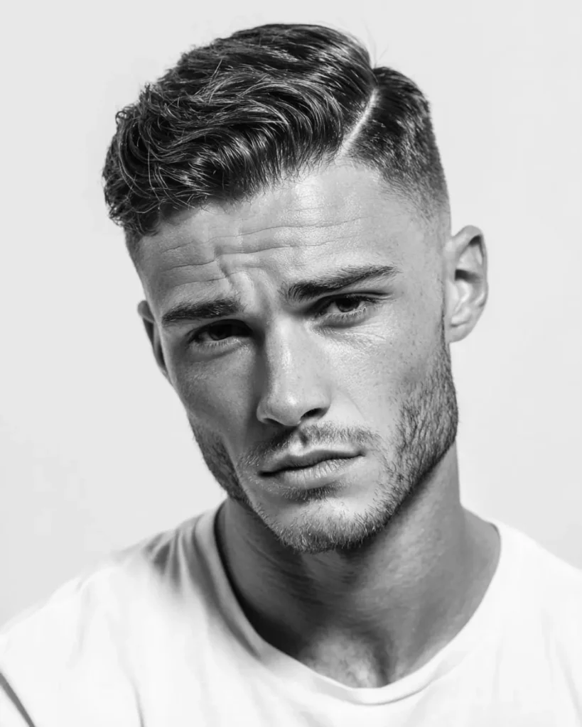 Side part fade haircut with lifted hair on top and faded sides, showing a short hairstyle option for men with round faces.