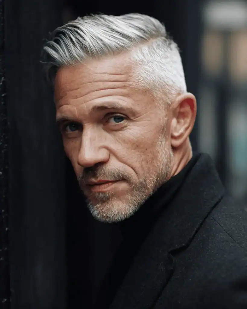A portrait of a distinguished older man wearing a classic side part hairstyle, featuring a defined parting line and neatly tapered sides for a sharp, professional appearance.