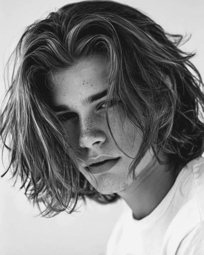 Black and white portrait of a man with a skater shaggy hairstyle featuring loose layers and hair falling naturally over the face