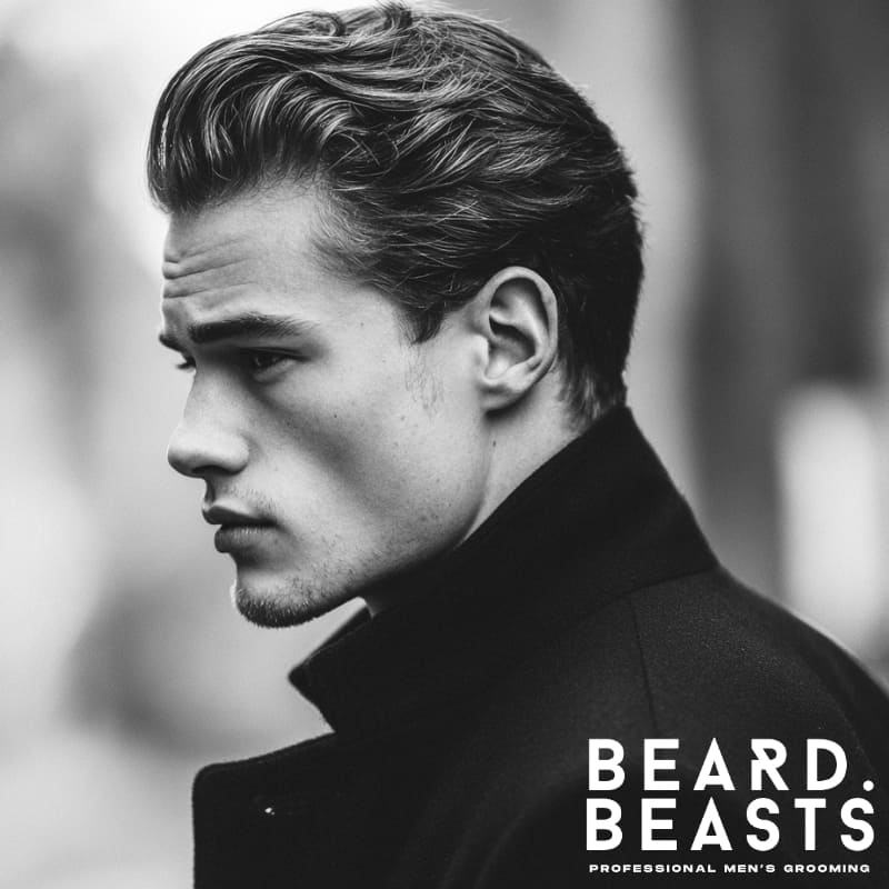 Black and white profile of a man with a voluminous slick back haircut, a sophisticated style ideal for men with square face shapes.