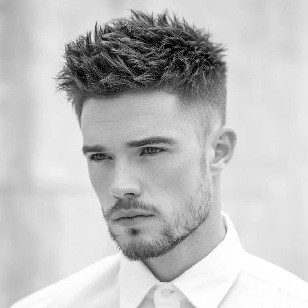 A professional man with a modern textured spiky haircut, featuring a clean fade for a sharp and stylish business look.