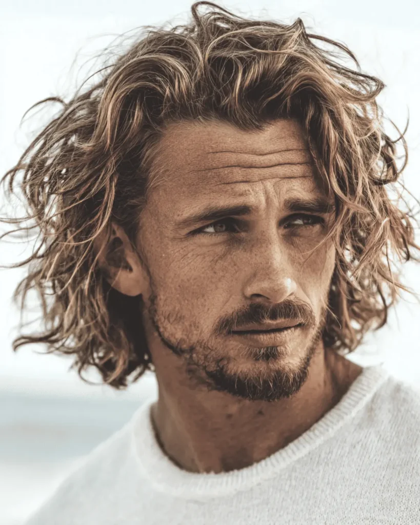 Portrait of a man with a blonde surfer shaggy hairstyle featuring long, relaxed layers and a natural, sun-worn texture