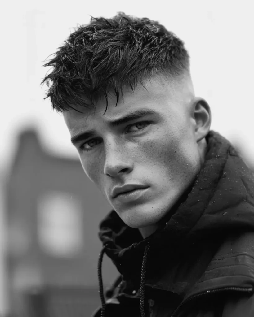 Textured crop haircut with a messy fringe and faded sides, showing a short hairstyle option for men with round faces.