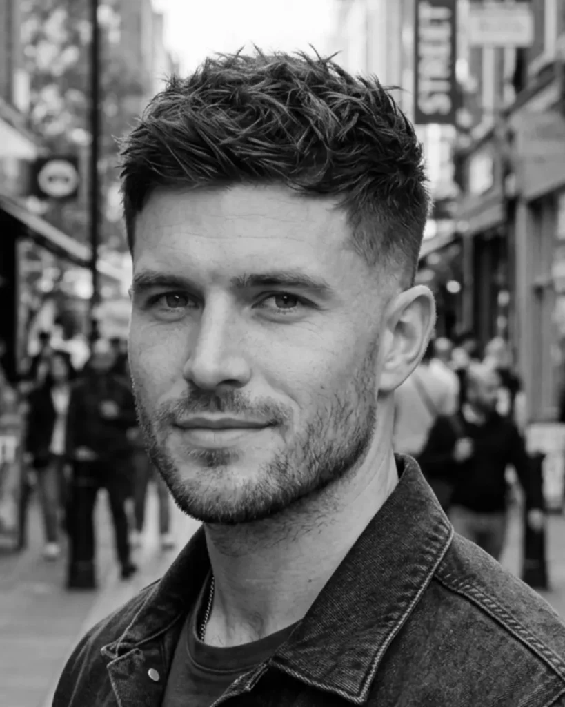 textured crop haircut for square face, side profile portrait