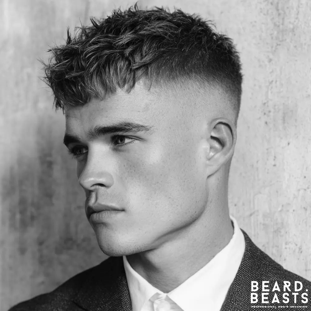 A professional man with a modern textured fringe haircut, featuring a clean skin fade for a sharp and stylish business look.