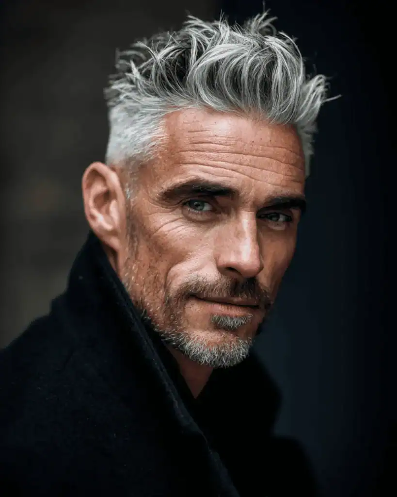 A portrait of a stylish older man with a textured quiff hairstyle, featuring silver hair brushed upward for height with a matte, tousled finish.