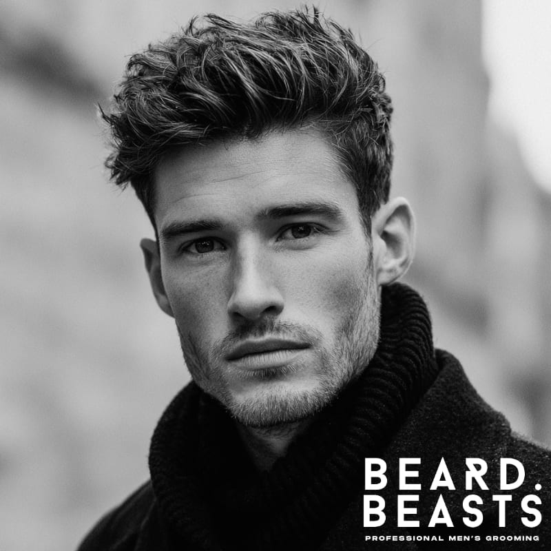 Black and white portrait of a man showcasing a stylish, textured quiff haircut, highly recommended for men with square face shapes.