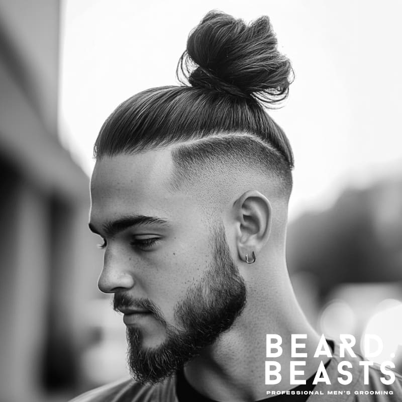 Side profile of a man with an undercut man bun, featuring a high fade, defined part, and full beard—clean, sharp, and modern.