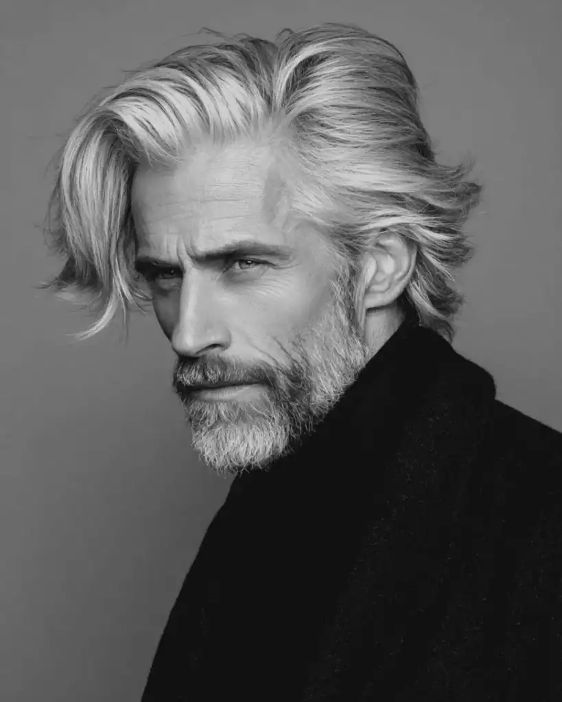 A black and white portrait of a sophisticated older man with thick silver hair styled into a voluminous side-swept look, featuring significant lift at the roots.