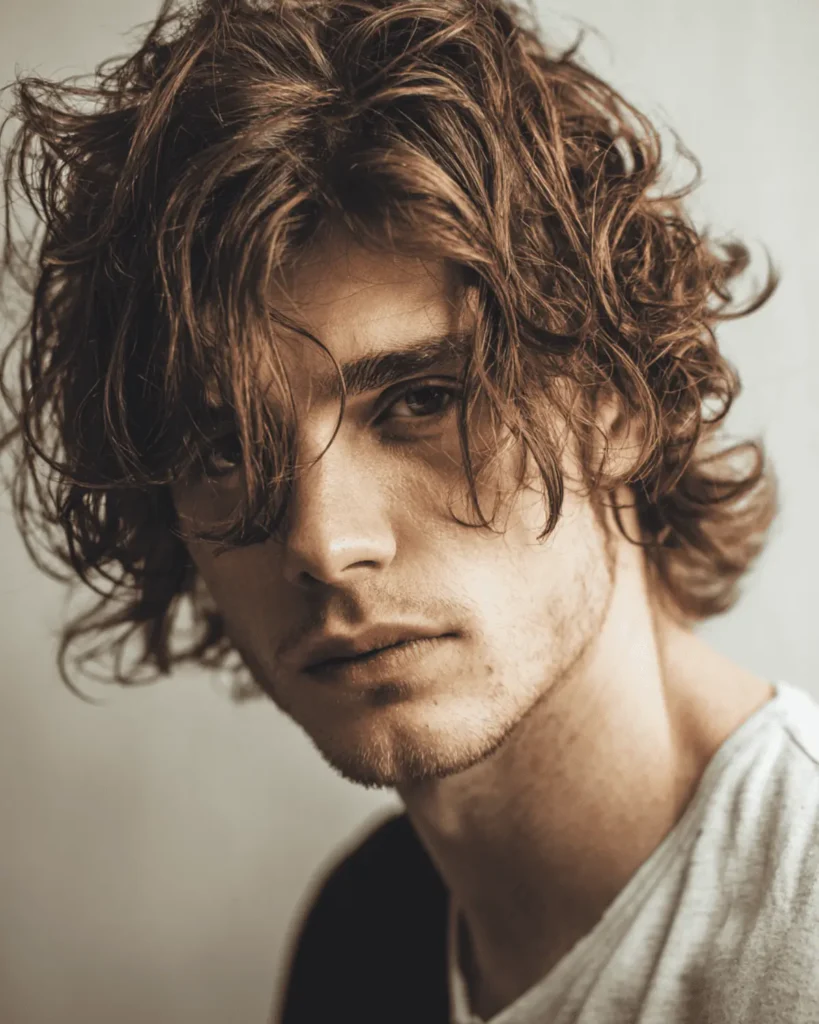 Portrait of a man with a wavy shaggy hairstyle featuring natural loose waves and soft layers
