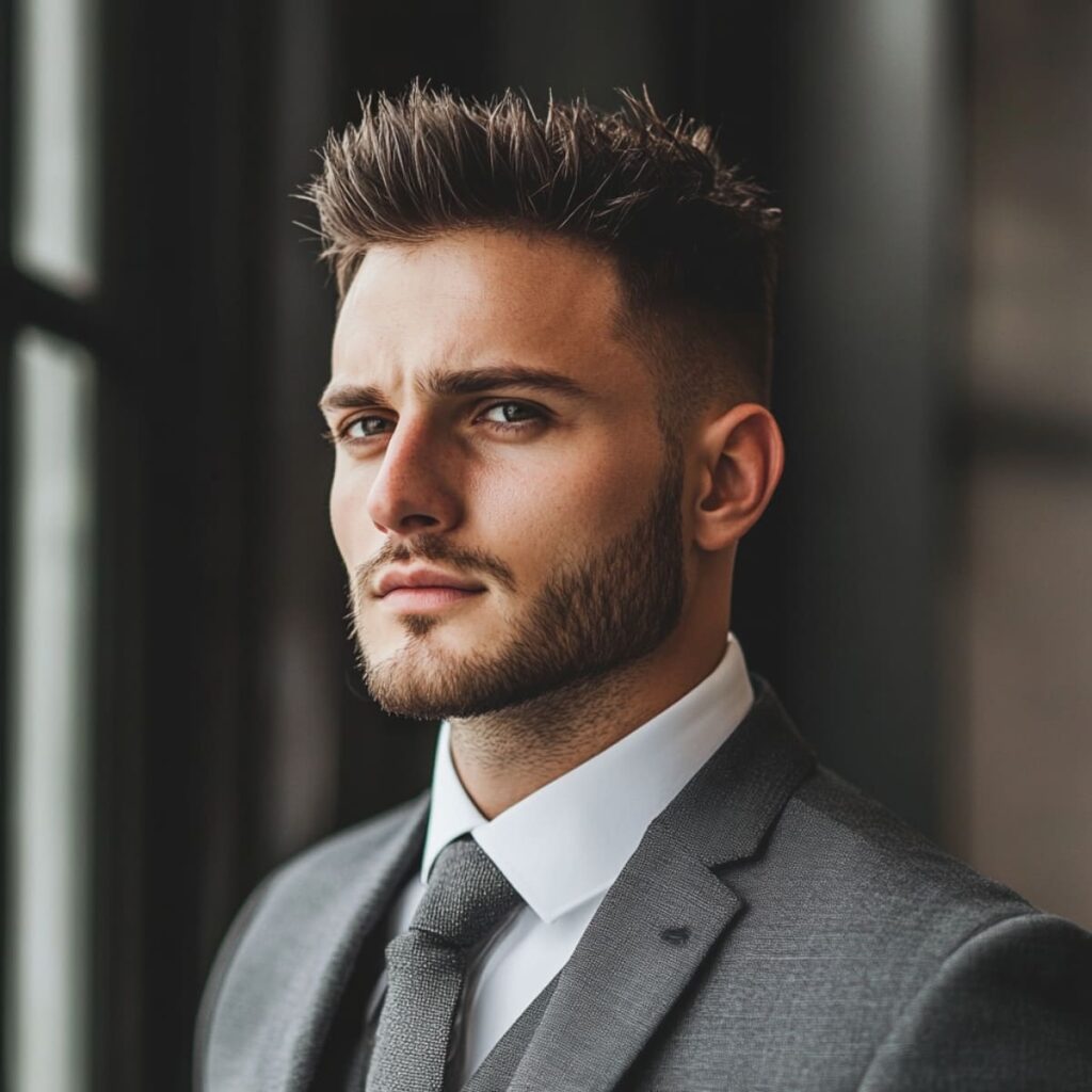 A confident man in a formal setting, wearing a sleek gray suit and tie, with a high fade spiky haircut. The haircut features a clean fade on the sides and back, while the top is styled with voluminous, neatly textured spikes. His well-groomed beard complements the modern and sophisticated look, perfect for formal occasions like weddings or professional events. The soft indoor lighting adds to the polished and stylish vibe, drawing attention to his sharp features and impeccable grooming.