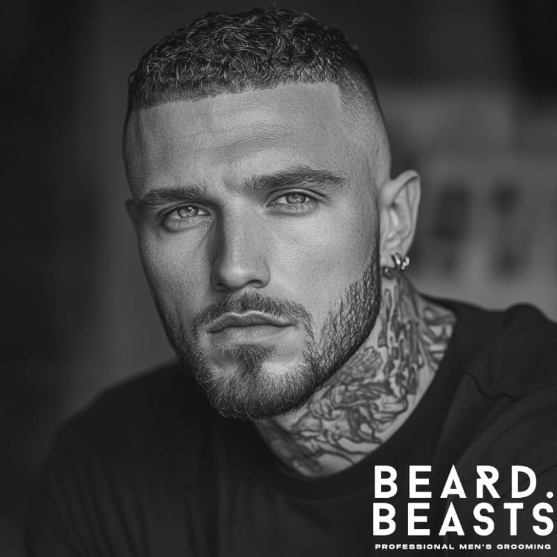 Man with a curly buzz cut and high skin fade, defined hairline, beard, and neck tattoos – Beard Beasts professional men’s grooming style
