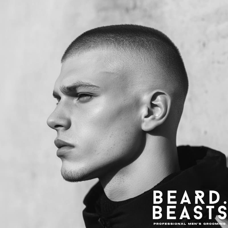 Side profile of a man with a high skin fade buzz cut, defined cheekbones, and sharp jawline, wearing a dark jacket – Beard Beasts professional men’s grooming style.
