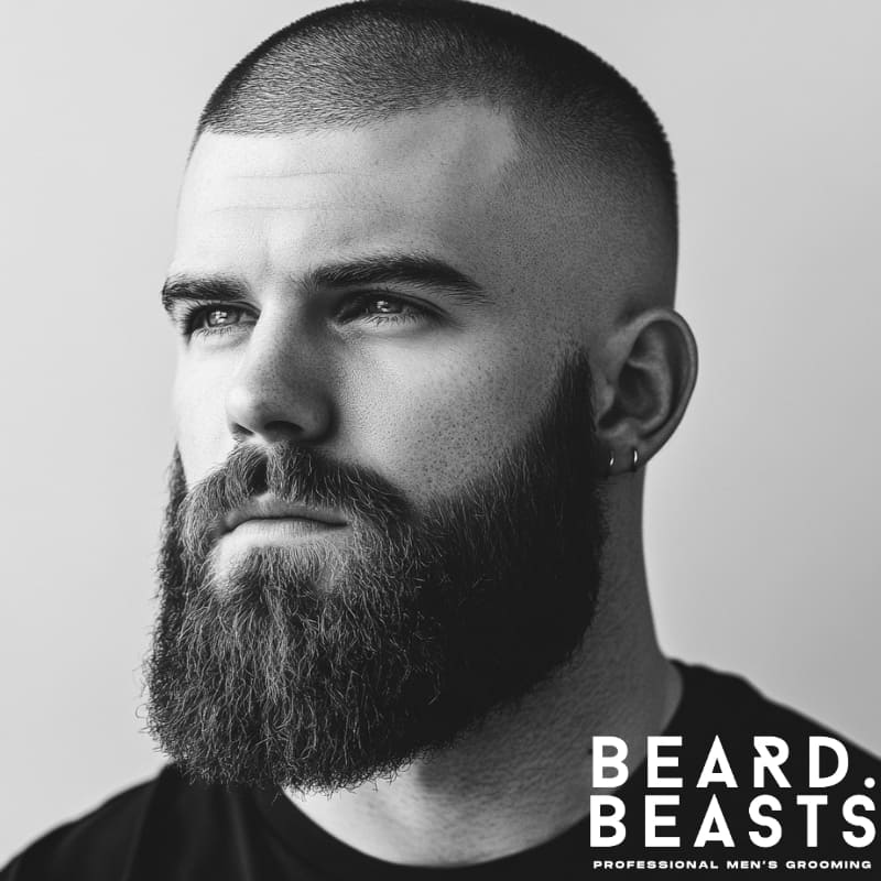 Man with a high skin fade buzz cut and full thick beard, wearing earrings – modern masculine grooming style by Beard Beasts.